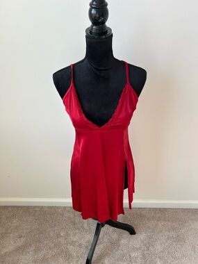 Red Satin Lace-Trim Chemise - Size M